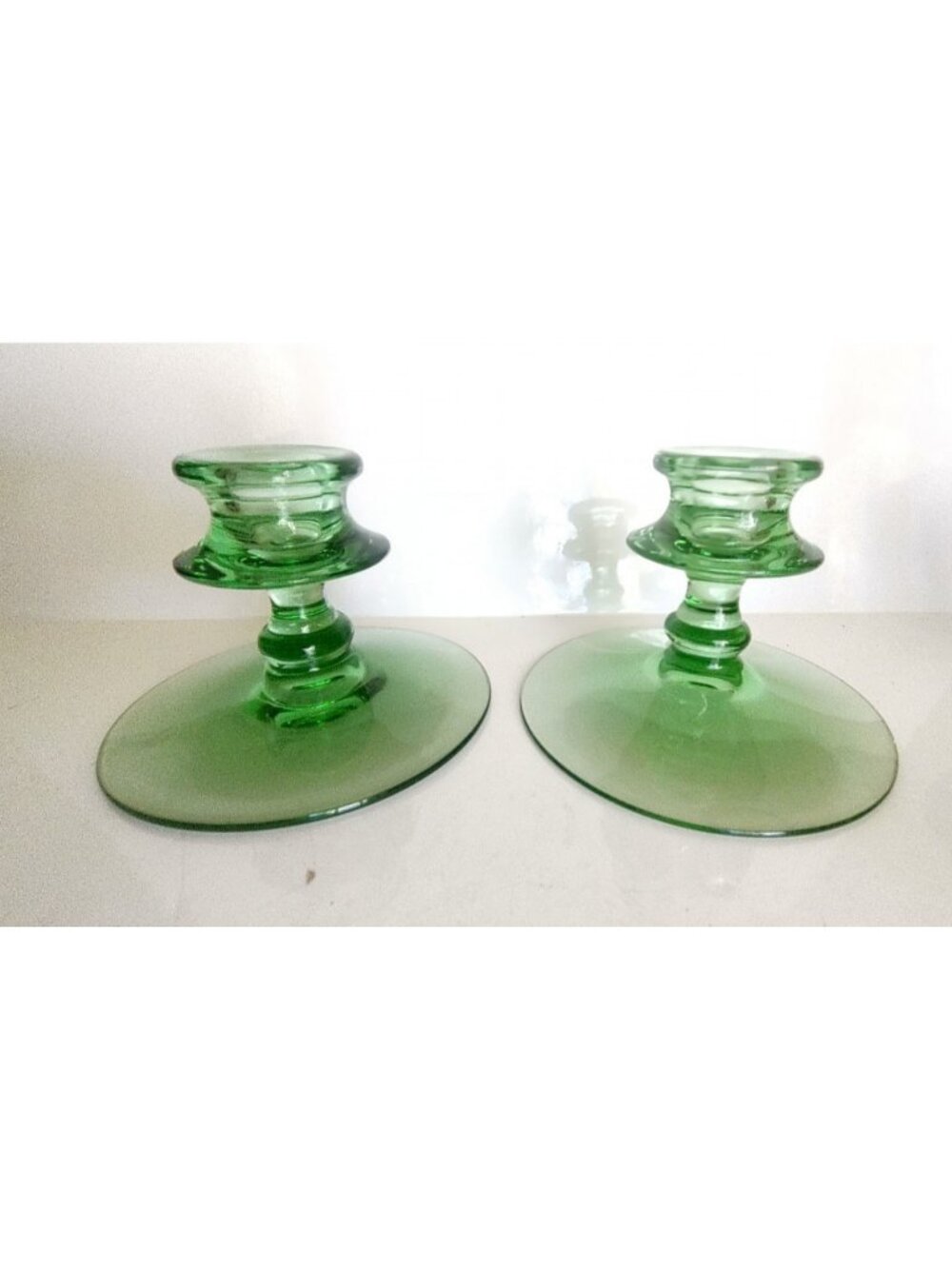 Fostoria #2324 Green Uranium Glass Candle Holders(2) 1980's